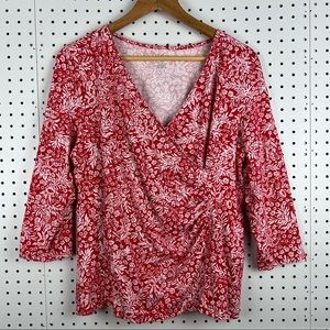 Talbots Outlet Women's Faux Wrap Shirt Size XL Red White Floral Print 3/4 Sleeve